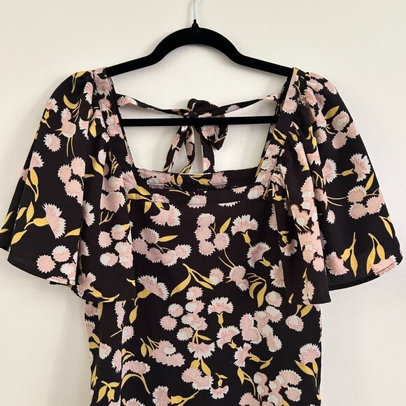 FASHION UNION BLACK PINK FLORAL SHORT SLEEVE TIE BACK DRESS - XS - Picture 3 of 6